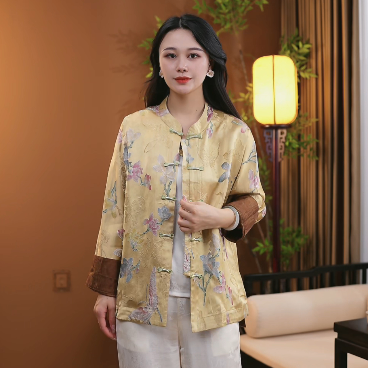 夏季新中式桑蚕丝盘扣衬衫提花气质中国风百搭显瘦外套女S149