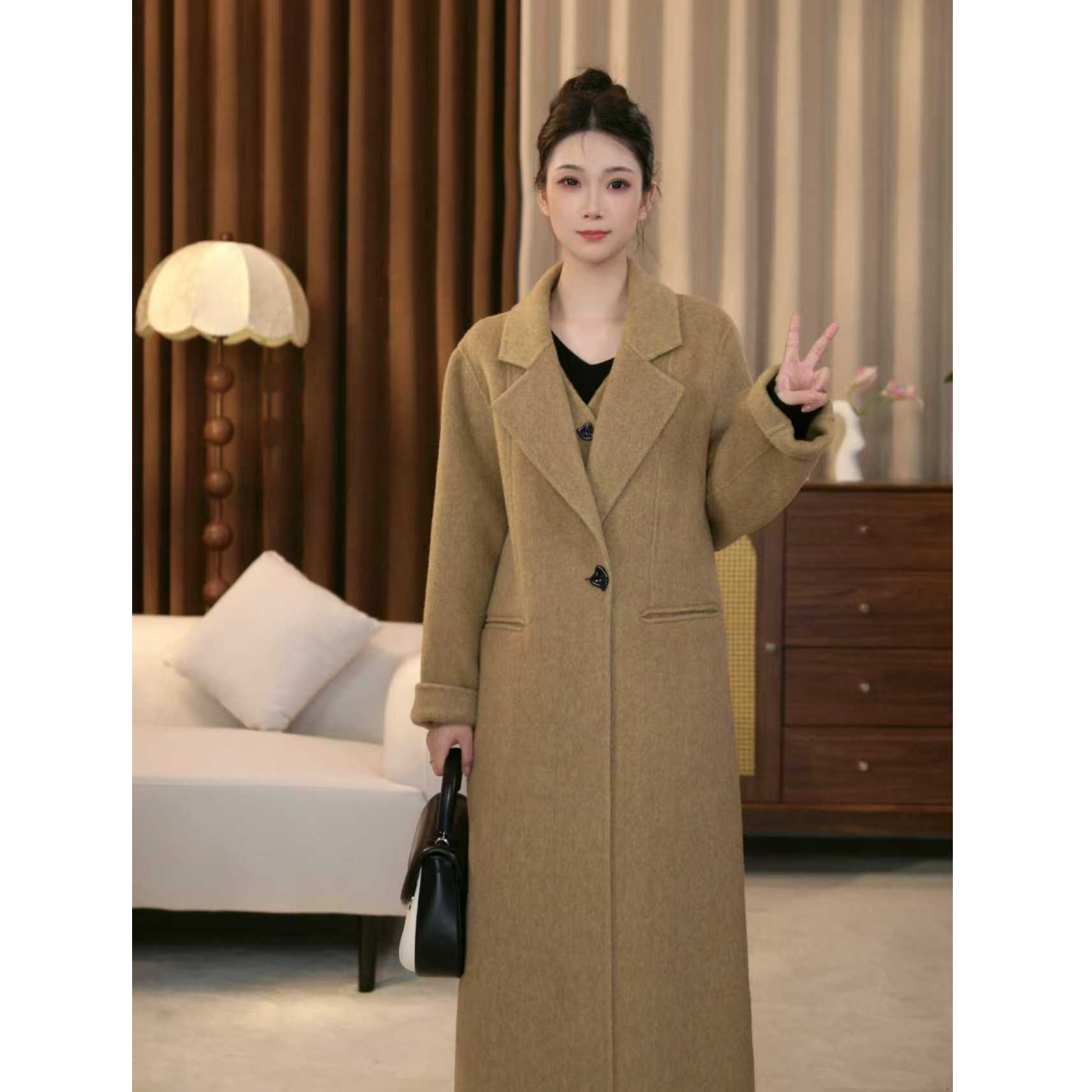 秋冬新款两件套时尚百搭大衣女气质双面羊毛显瘦长款宽松韩版网红