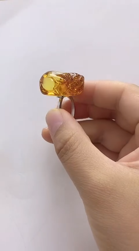 【闪购商品】琥珀裸石银S925镶嵌花珀戒指