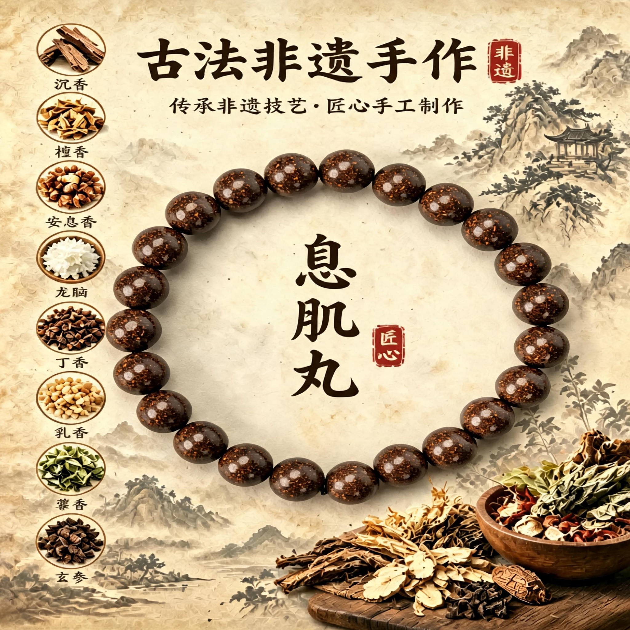 【息肌丸·美丽飞燕】·无麝香·合香珠手串手工制作古法研制草本手串商品图
