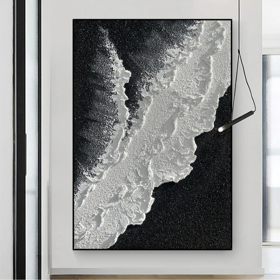 黑白海浪竖版 |立体纯手绘砂岩油画沙发背景装饰画玄关客厅抽象