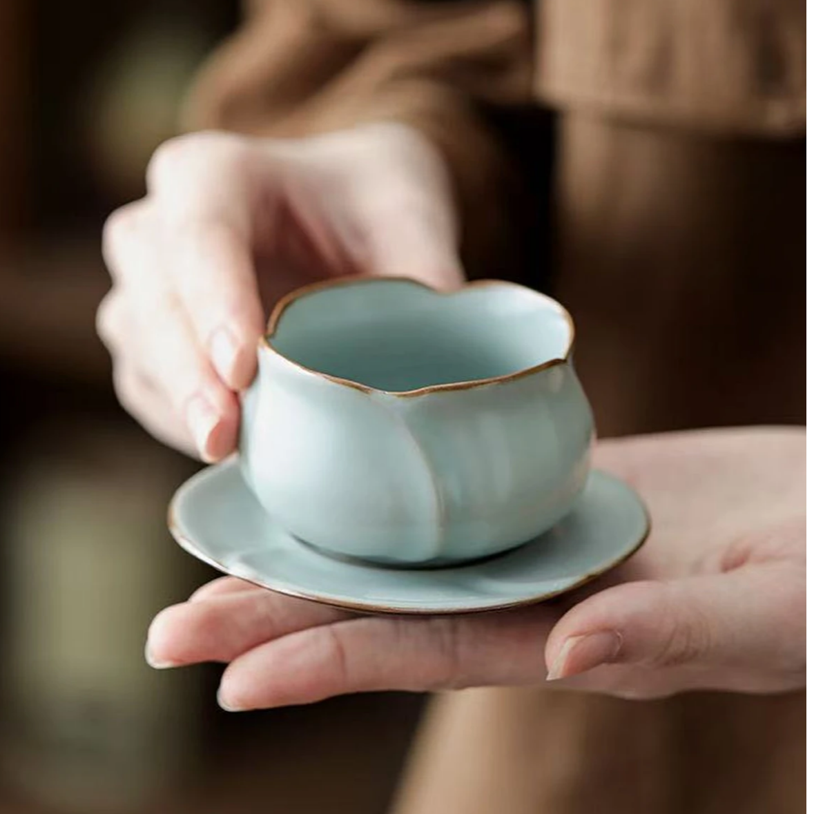 天青汝窑莲花瓣带杯垫主人杯约80ml复古汝窑茶杯创意G4153大德