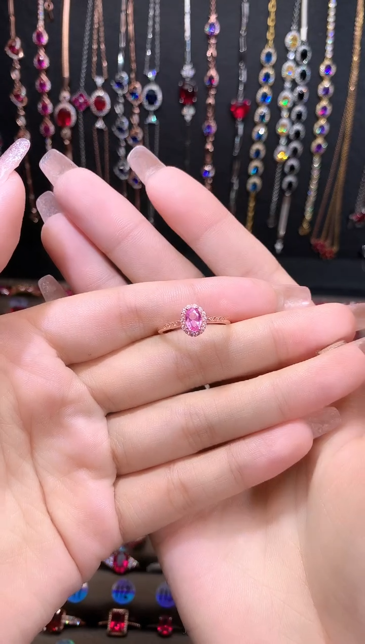 蓝宝石戒指银S925镶嵌玫瑰金46