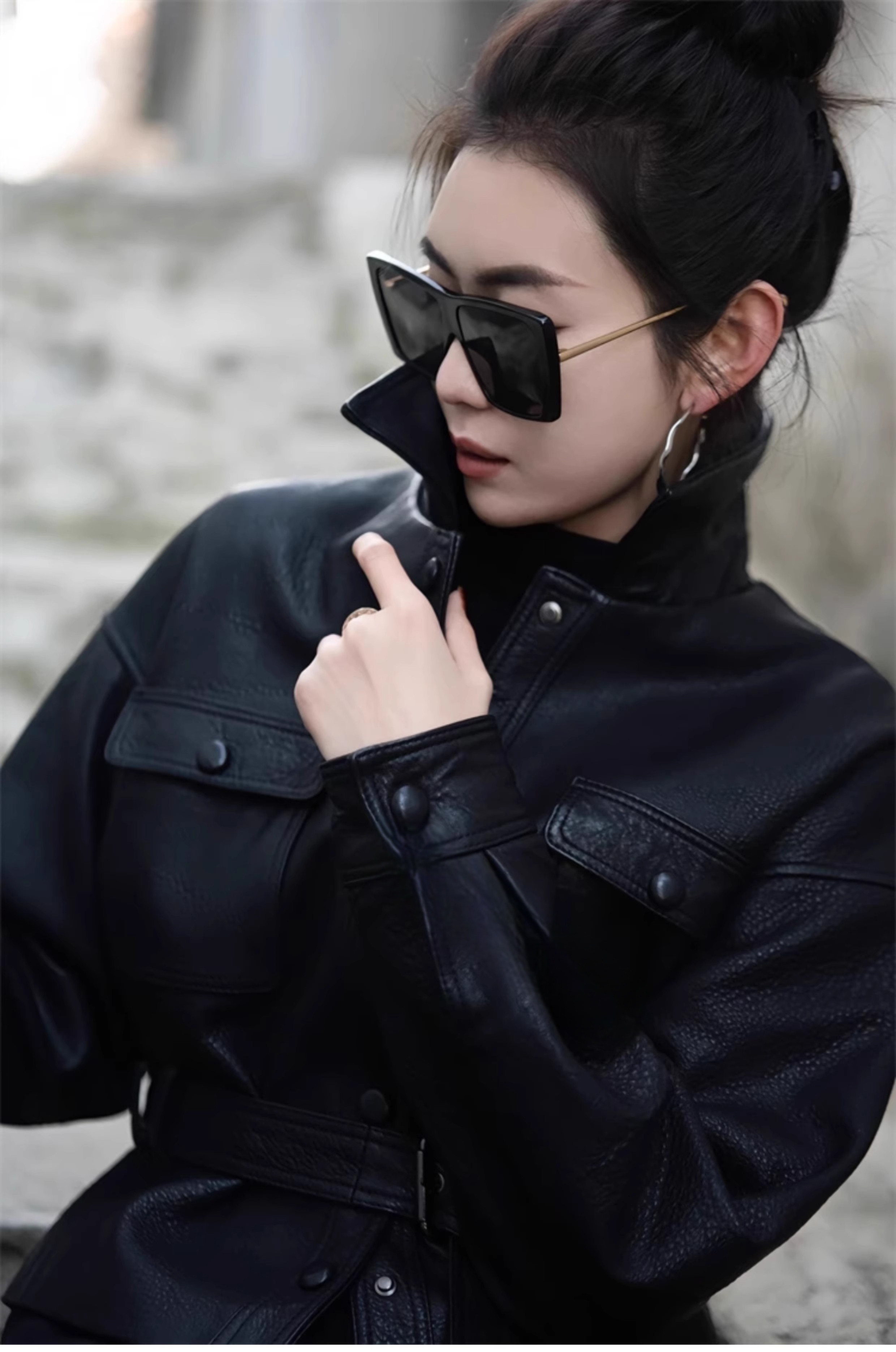 宋佳同款绵羊皮收腰显瘦黑色春季女夹克短款长袖气质百搭2533