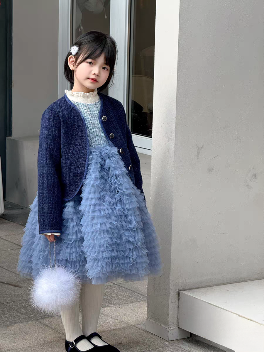 （断码清）女孩蛋糕裙连衣裙女童小香风公主裙两件套装洋气蓝色童裙