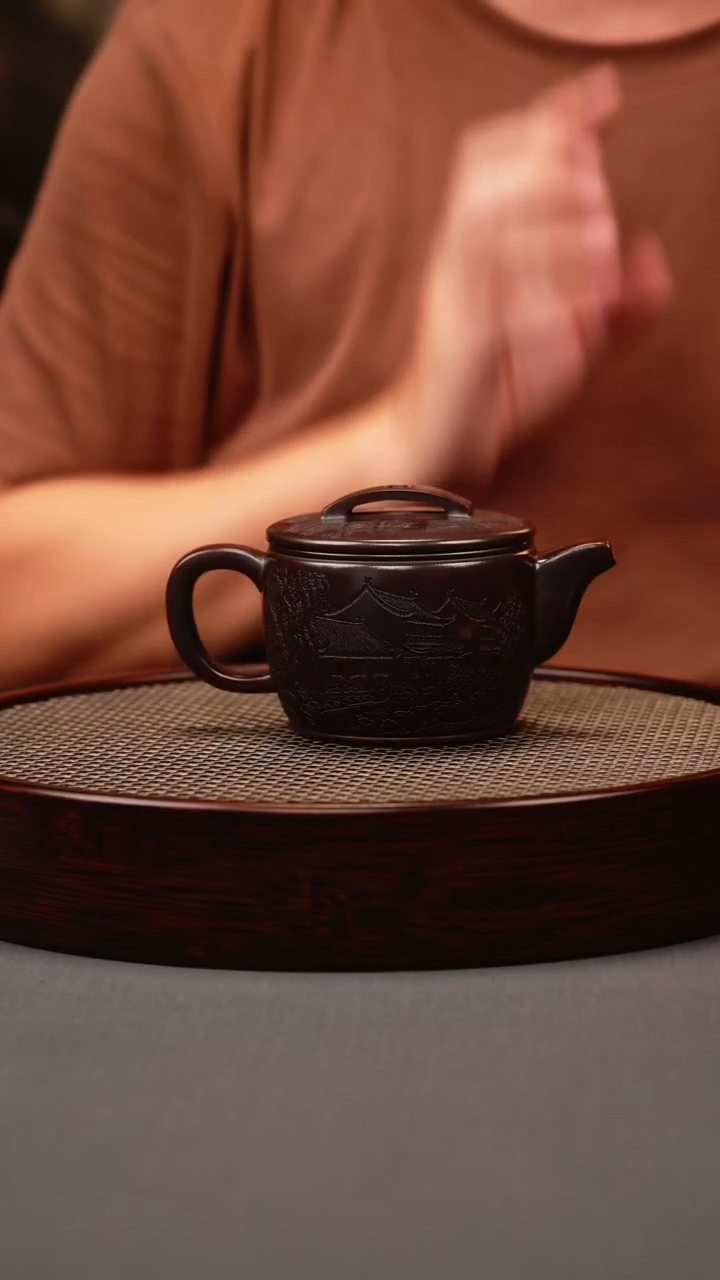 茶壶紫砂古红泥 汉瓦 山水