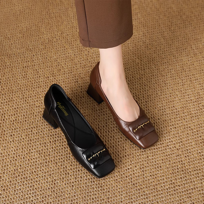真皮浅口方头中跟单鞋复古法式休闲工作鞋通勤拼色女鞋高跟鞋百搭