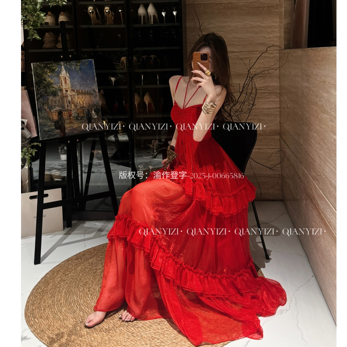 千亿【火烈鸟】原创度假挂脖绑带长款吊带连衣裙