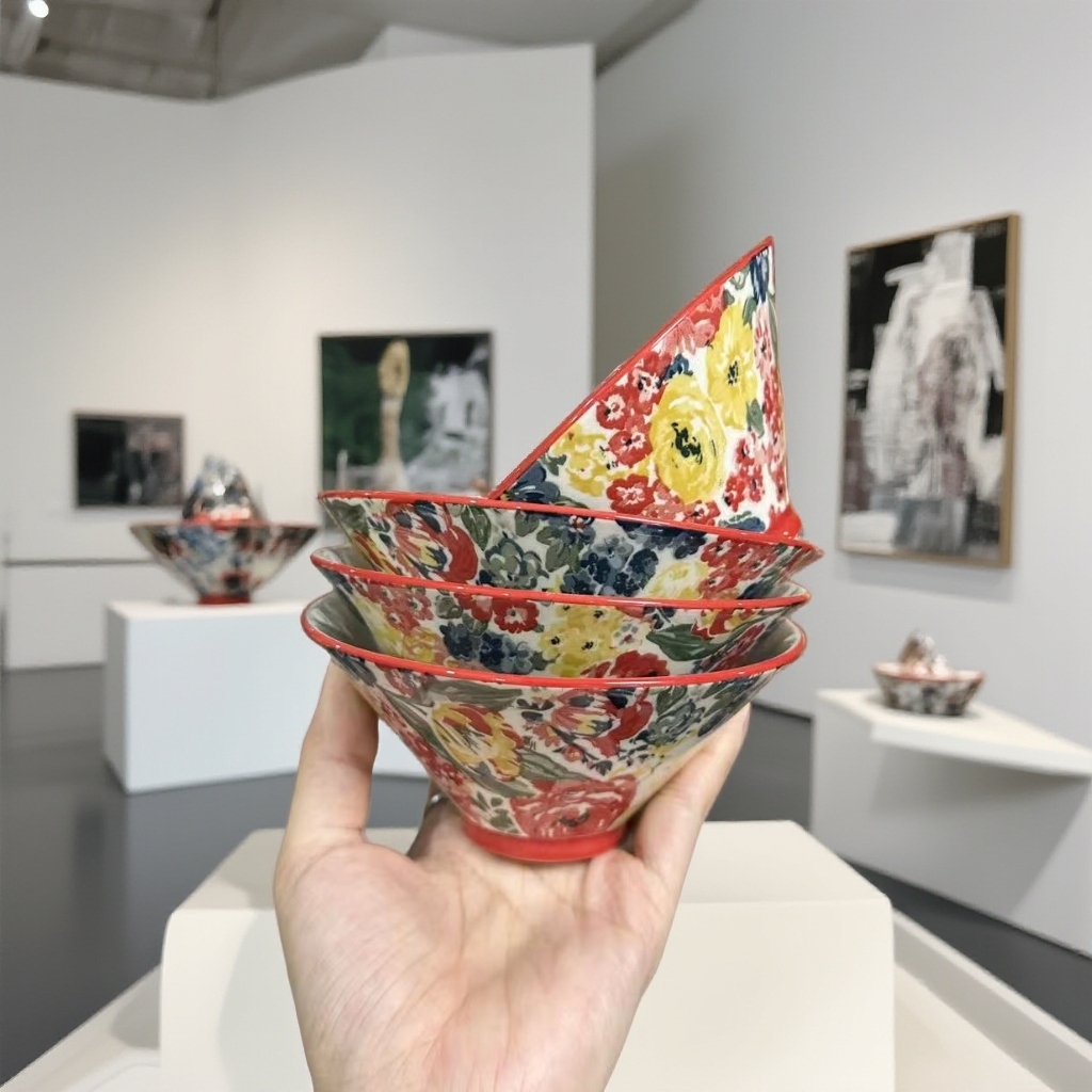 牡丹花5寸斗笠碗家用手绘米饭碗陶瓷4个装