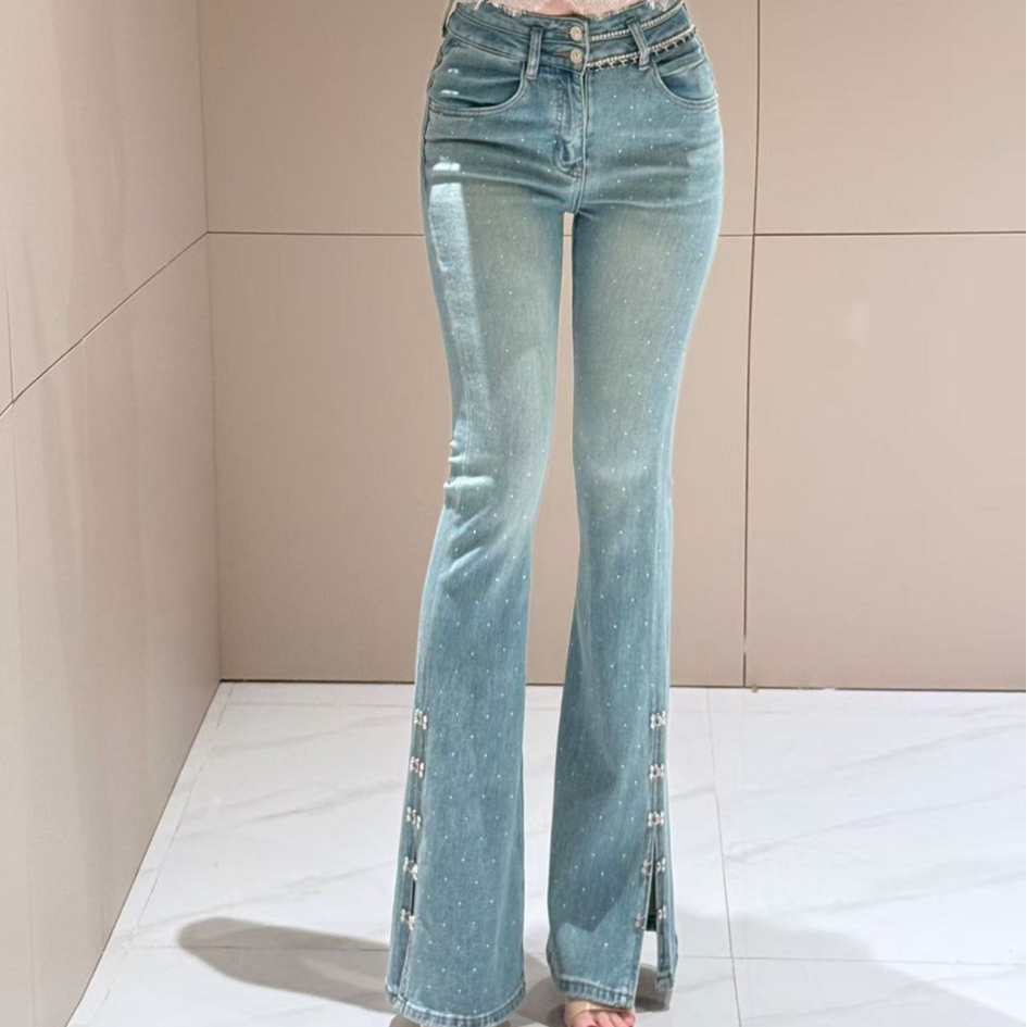 高腰下摆开叉烫钻镶边修身显瘦百搭弹力喇叭牛仔裤