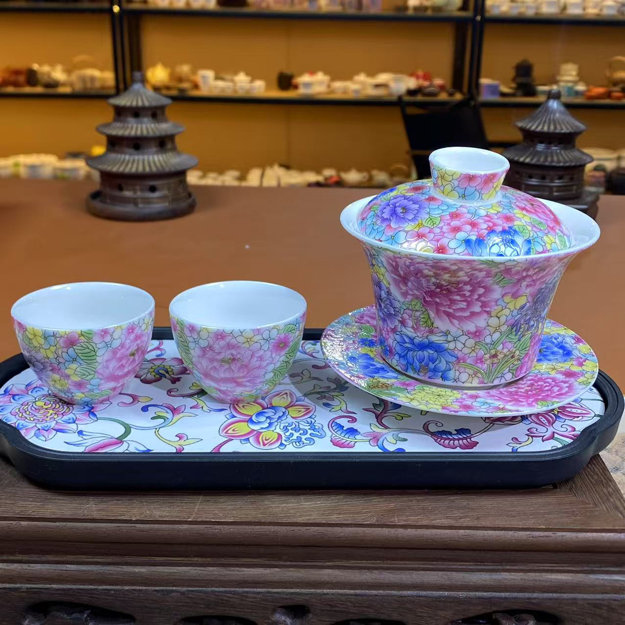 珐琅彩牡丹花盖碗带两杯带茶盘A090家用茶壶