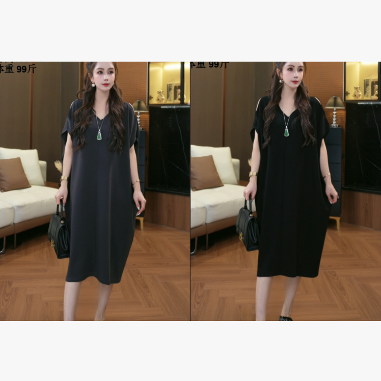 【鑫蕾】夏季简约通勤遮肚拼接宽松中长款连衣裙28981