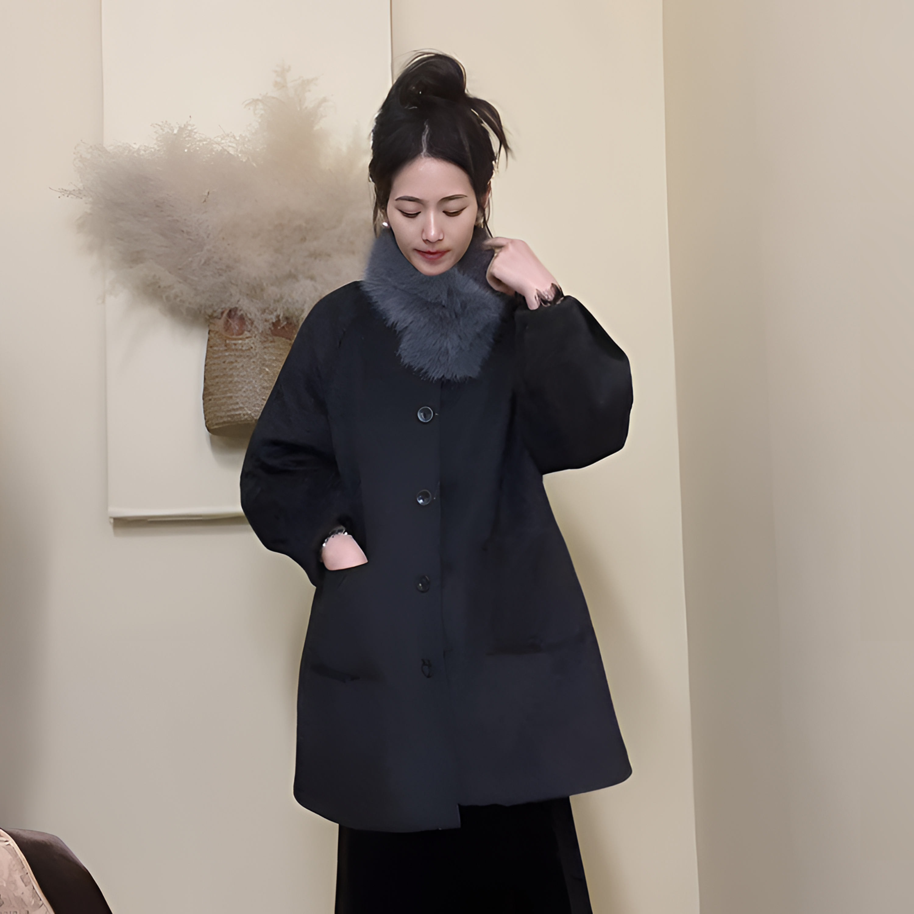 外套上衣女款加棉新中式时尚百搭黑色中长款韩版秋冬送毛围巾