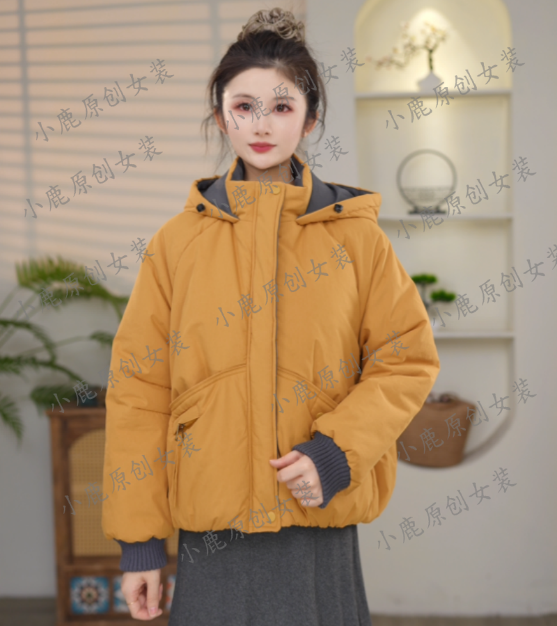 连帽棉服常规保暖时尚立领连帽秋冬公主袖女款棉衣休闲外套女装