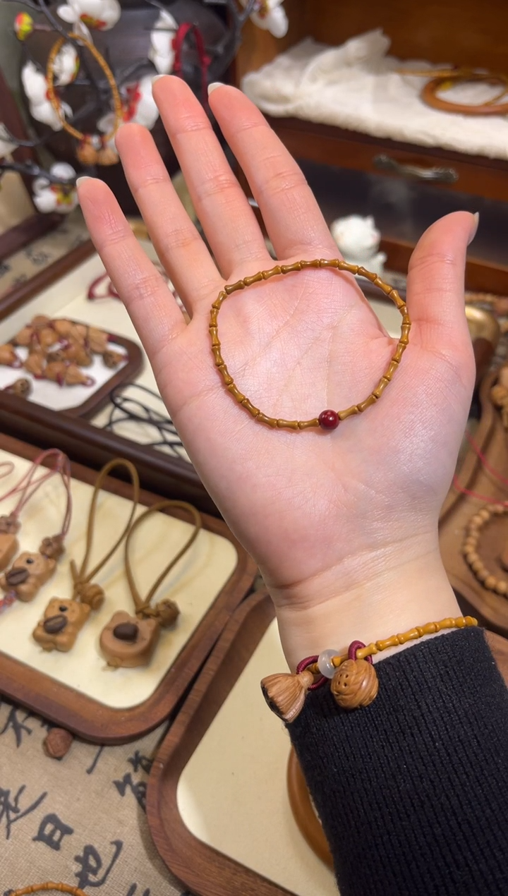 手串桃核【桃缘行】竹节「红色莎莎」桃木桃核辟、挡、驱、护 备注手围