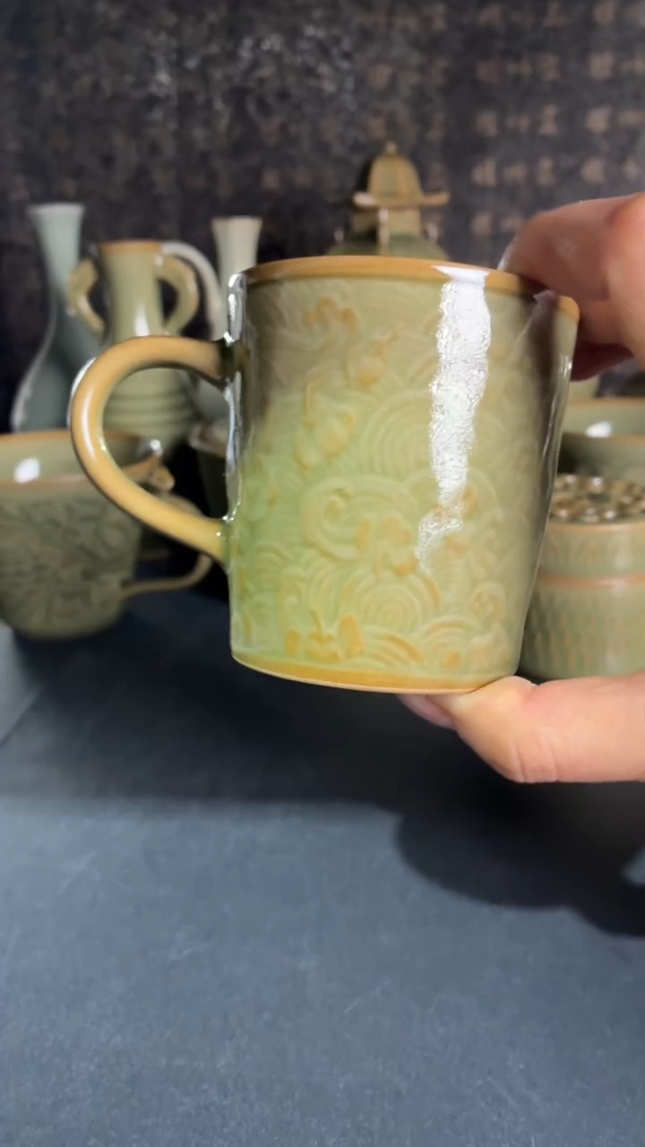 耀州窑仰山青釉落花流水咖啡杯微瑕无盖