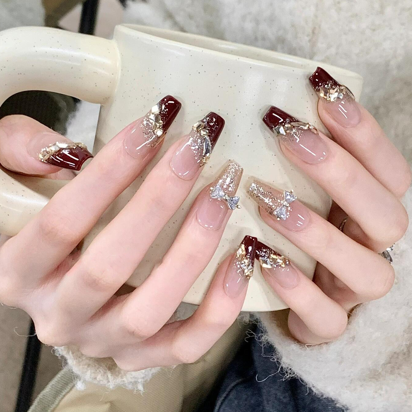 【酒红慕斯】新款穿戴甲片2025新款高级感全尺码穿戴甲小号xs春款