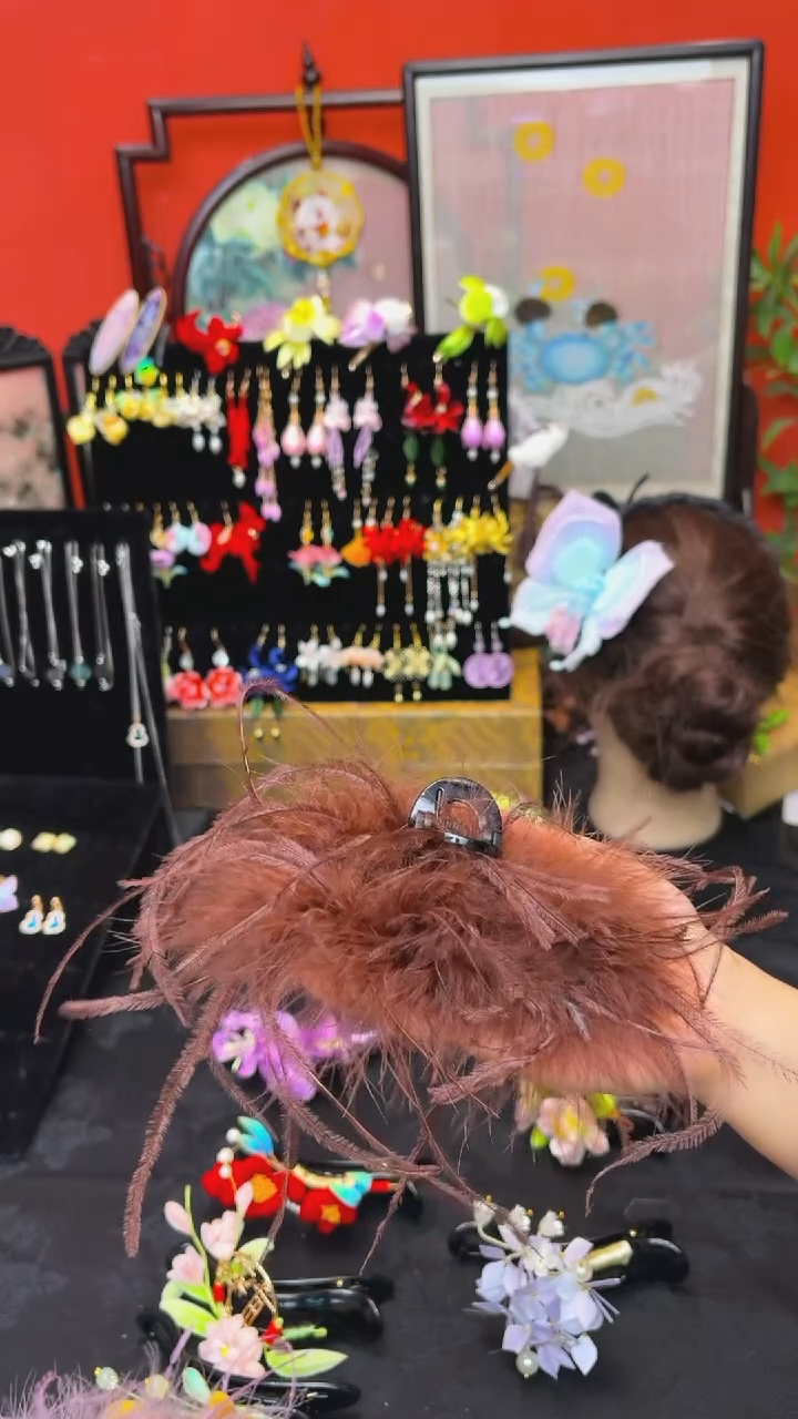 刺绣非遗手工绒花饰品 棕色11厘米