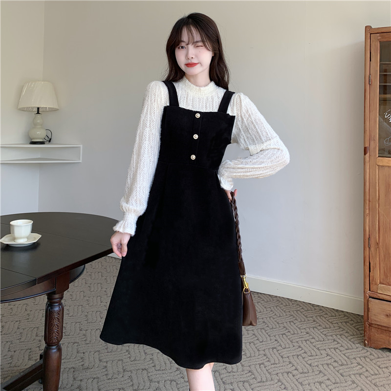 （现货）大码新款胖MM甜美遮肉显瘦大码长袖假两件连衣裙女1441