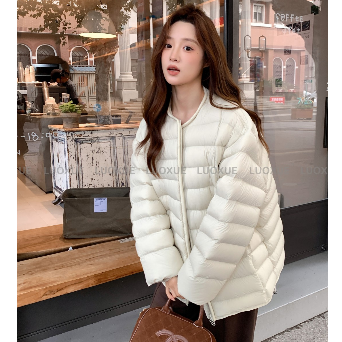 LUOXUE 加厚95绒排骨包边羽绒服 中长款95白鸭绒简约百搭排骨 