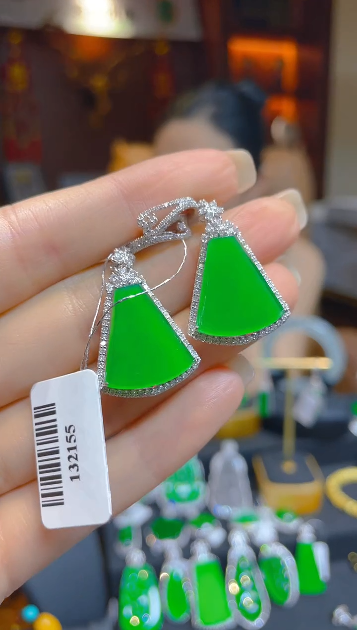 翡翠18K金镶嵌耳饰天然A货翡翠无事牌耳坠/132155