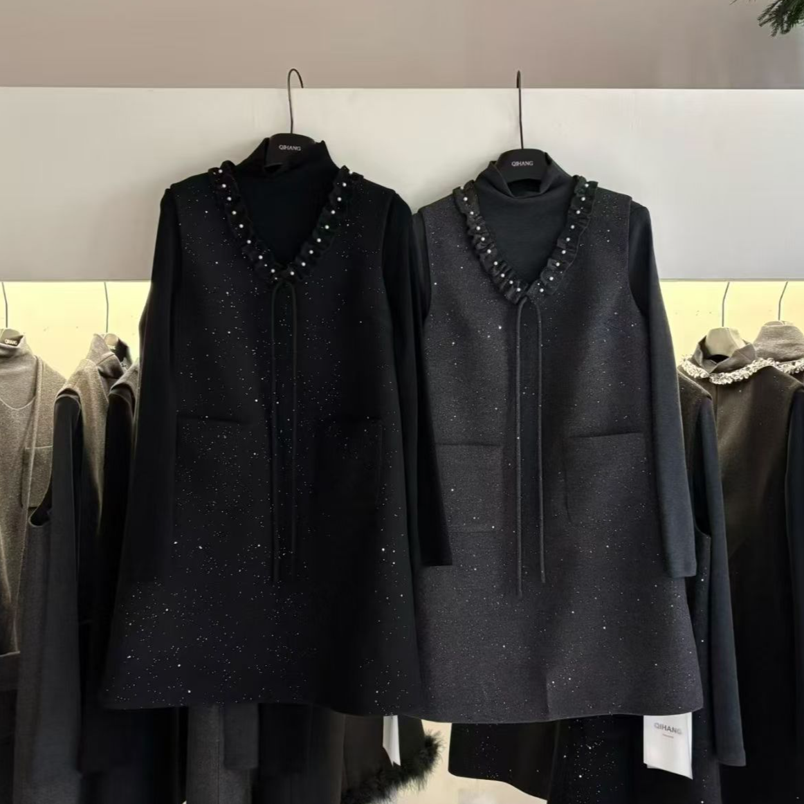 简约高级珍珠系带秋冬气质时尚打底连衣裙