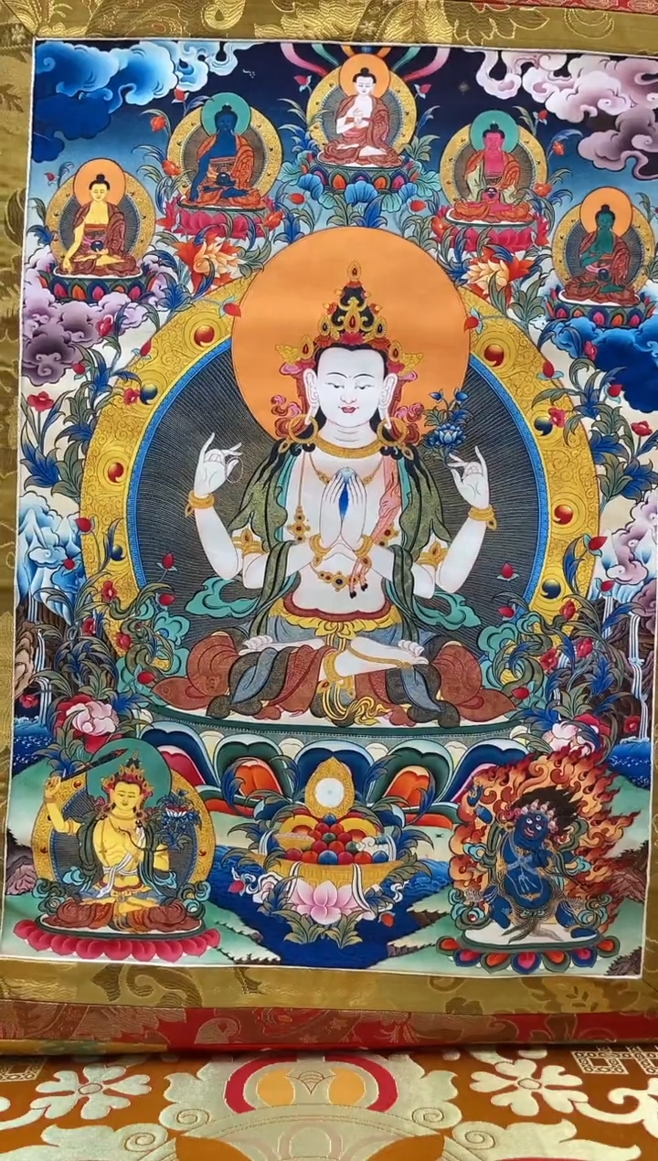 【闪购商品】卷轴画矿物质喷绘  四臂观音1.3m金色龙布