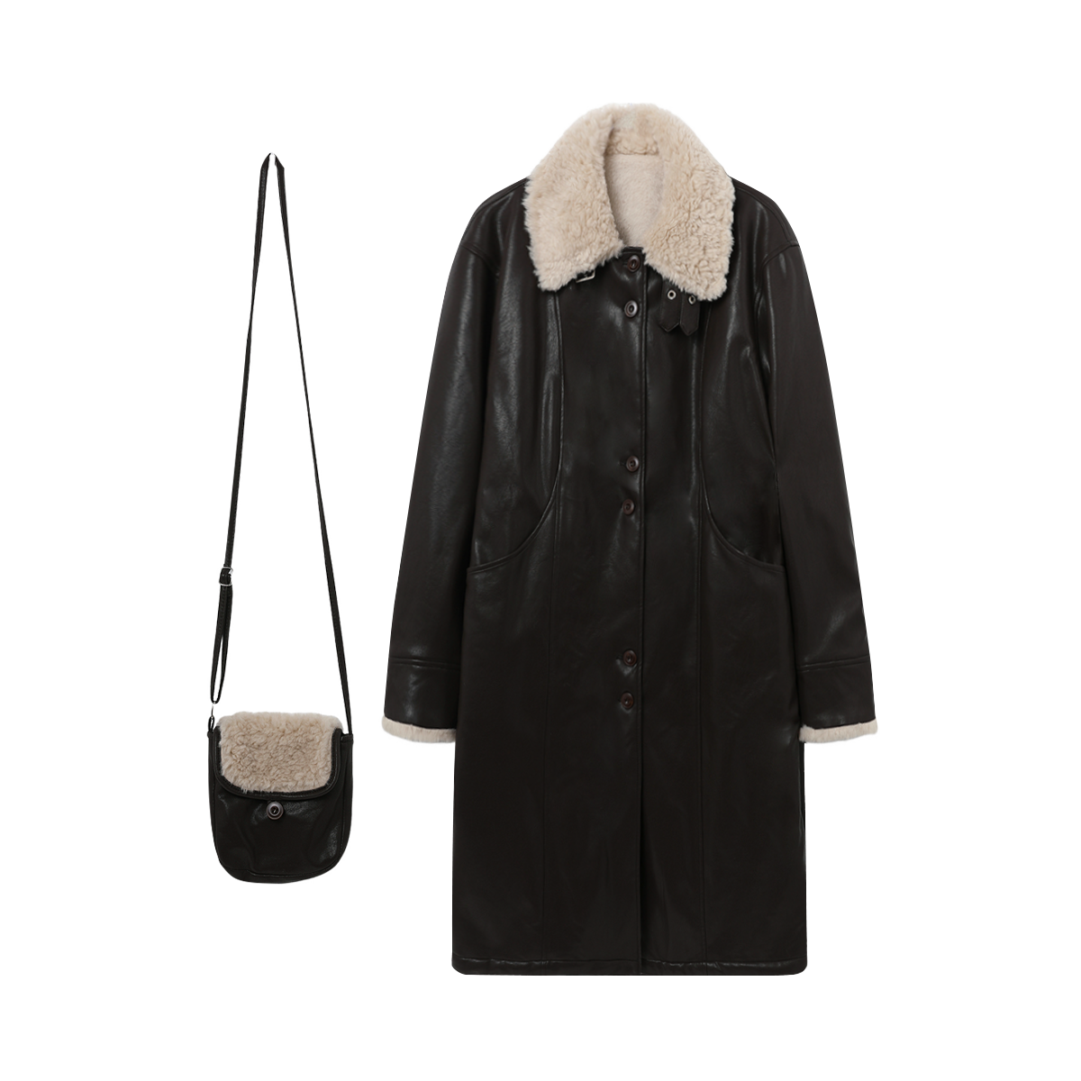 西町村屋韩系休闲PU皮毛领外套(含包包)XHAD10846