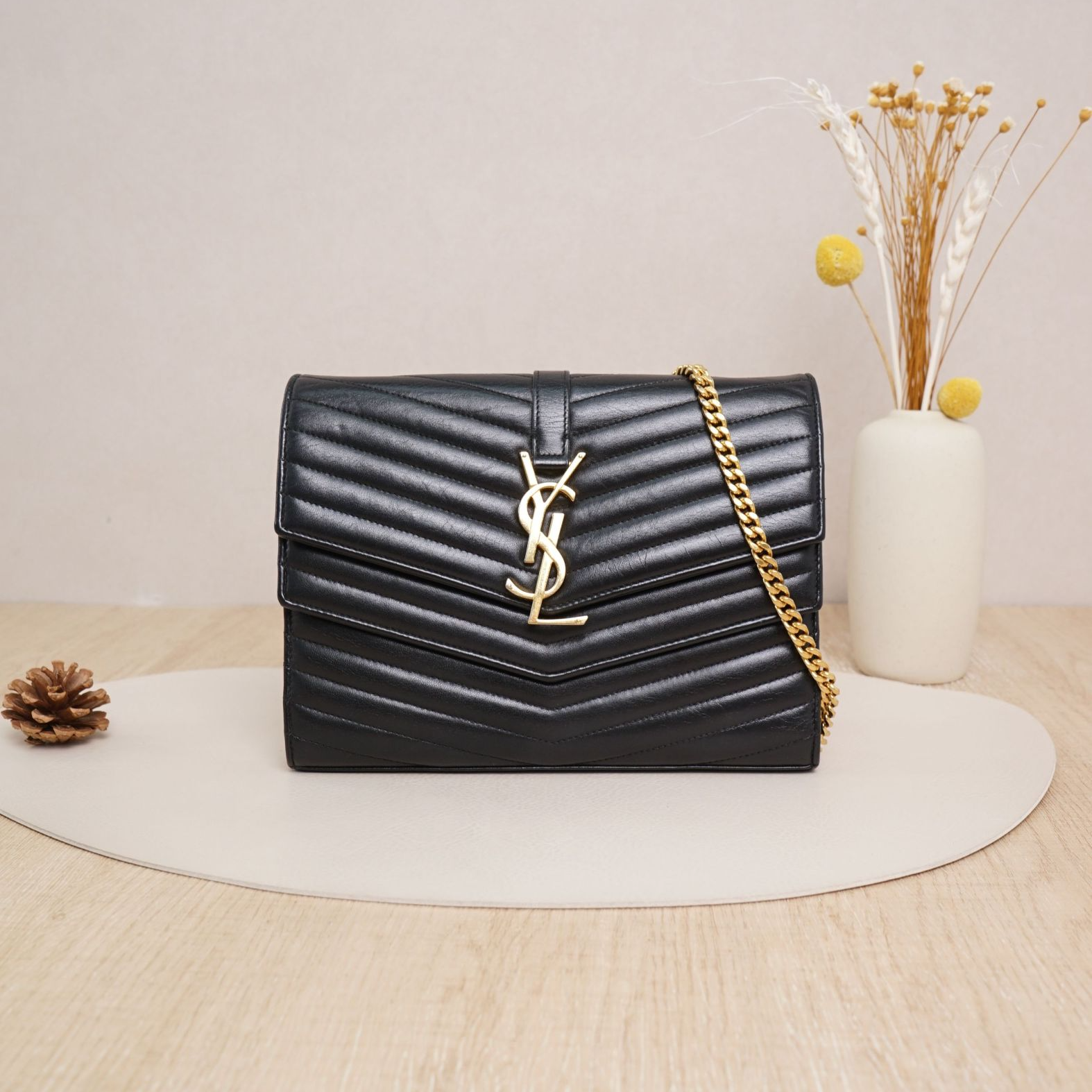 95新 YSL/圣罗兰 圣罗兰双盖链条信封包黑金羊皮/DS045955