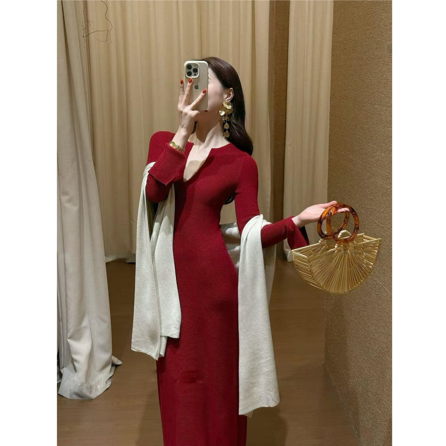 名媛风半开领针织裙长款连衣裙秋冬网红气质修身显瘦包臀裙打底裙
