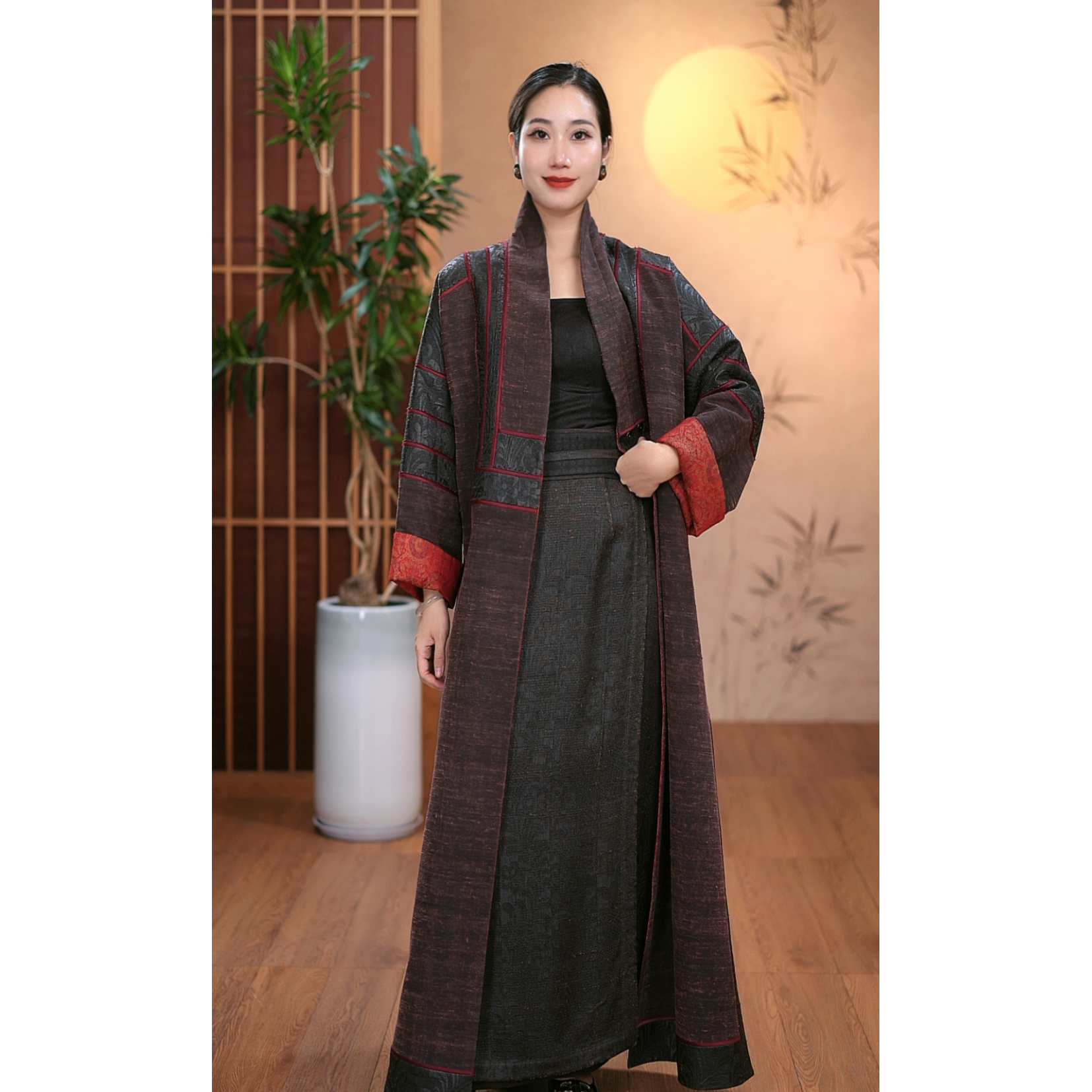 【二十四慢】设计师款柞蚕丝老料香云纱罗纹尼拼接长款风衣端庄大气