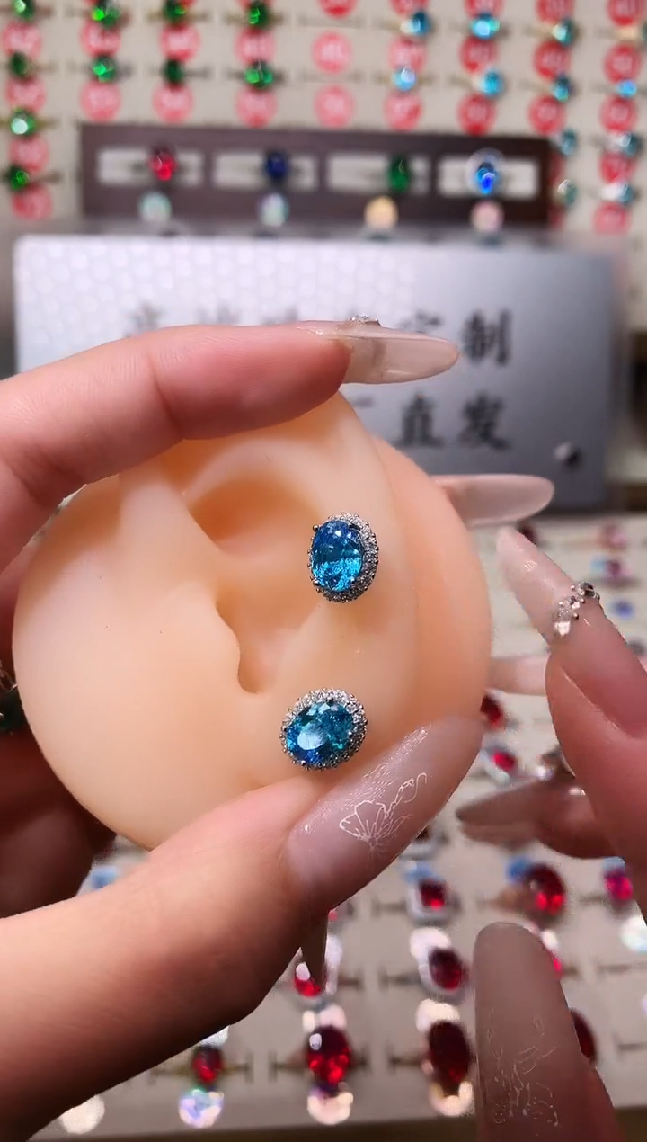 银S925镶嵌耳坠海蓝宝石6*8 银托