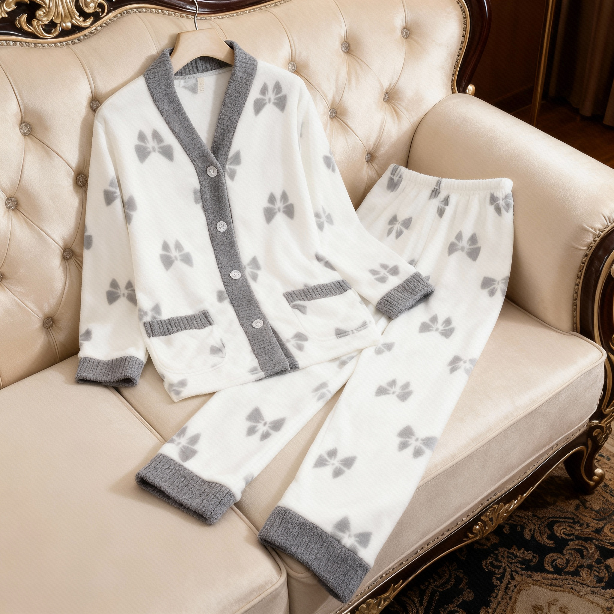 睡衣宽松长袖女冬季保暖加绒套装新款加厚可外穿家居服（韩系蝴蝶）