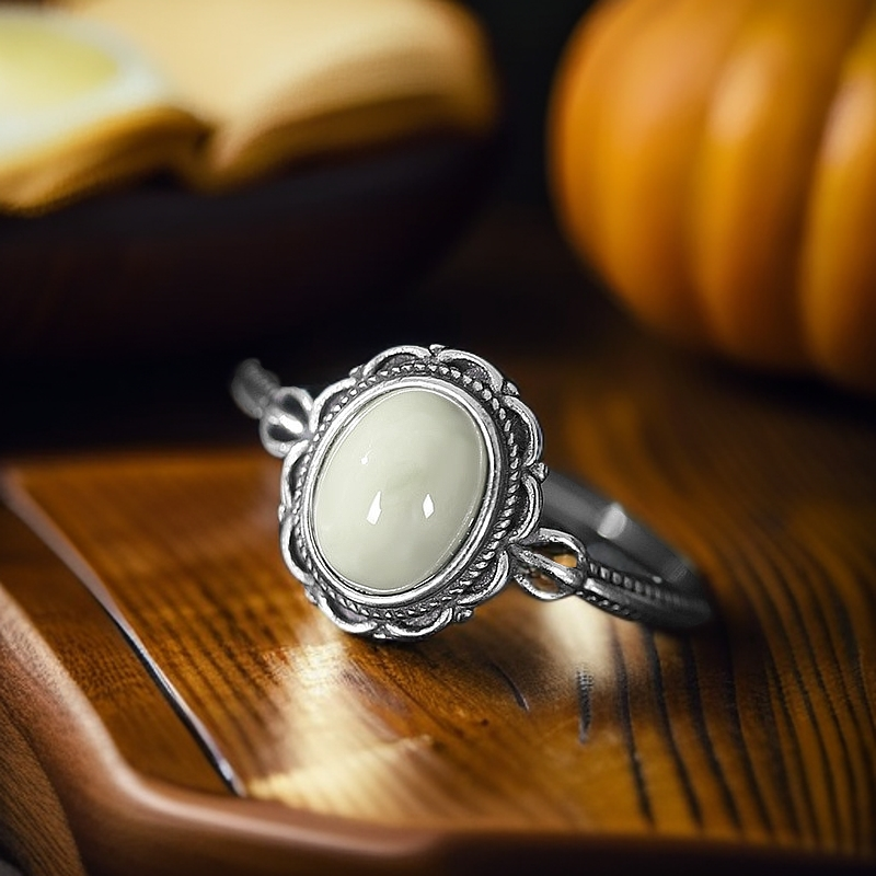 S925银戒指镶嵌和田玉女开口戒指复古做旧开口时尚简约
