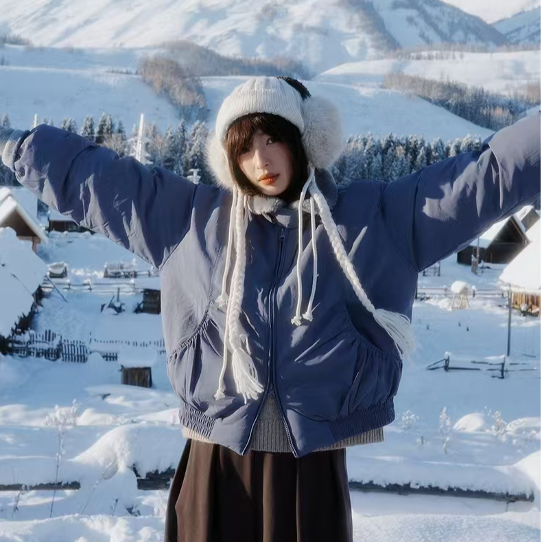 「白描工作间」"雪域冰川"改良飞行员夹克茧型显瘦可立毛领羽绒服