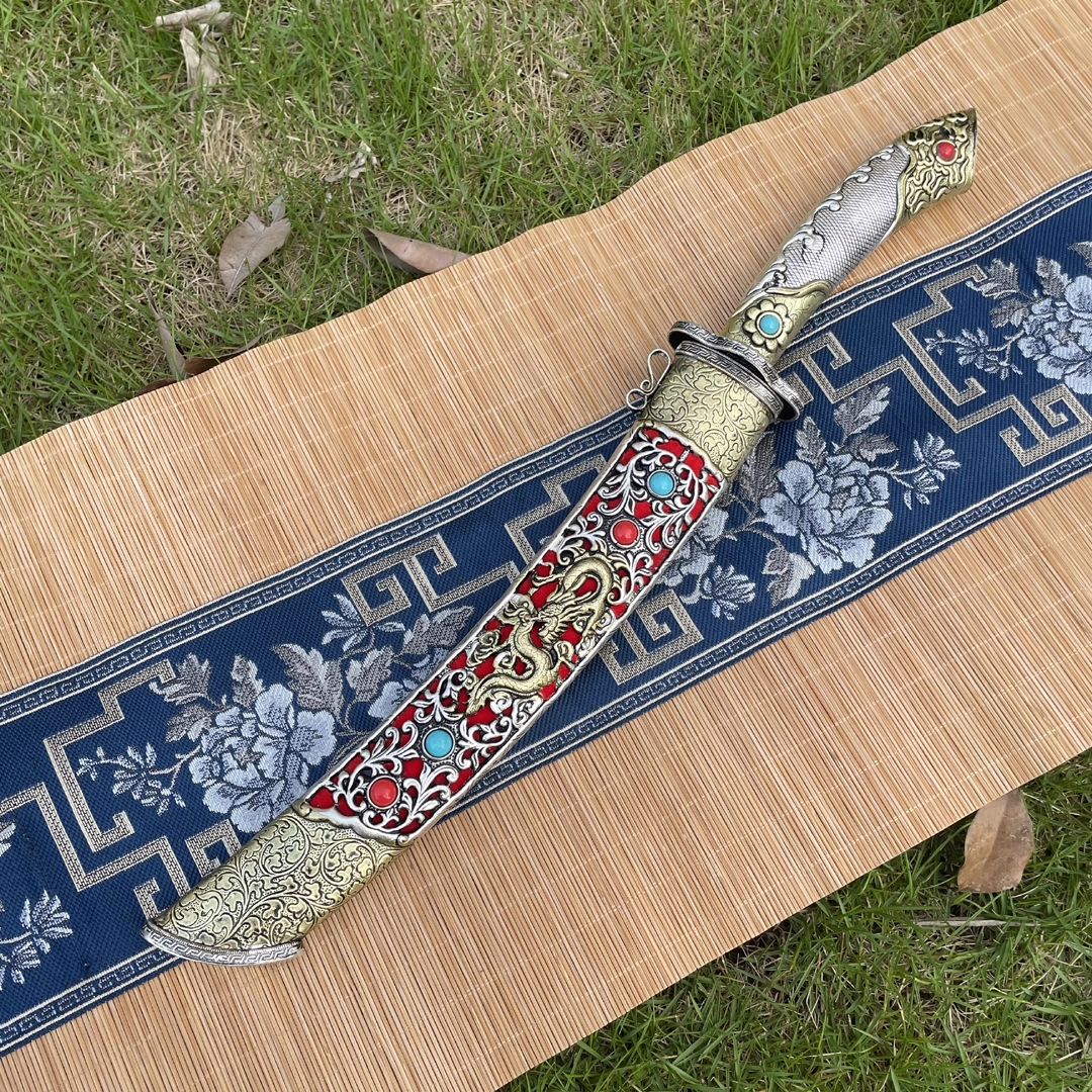 龙凤吉祥短刀藏式风格小刀手工一体弹簧钢藏饰品收藏摆件未开刃