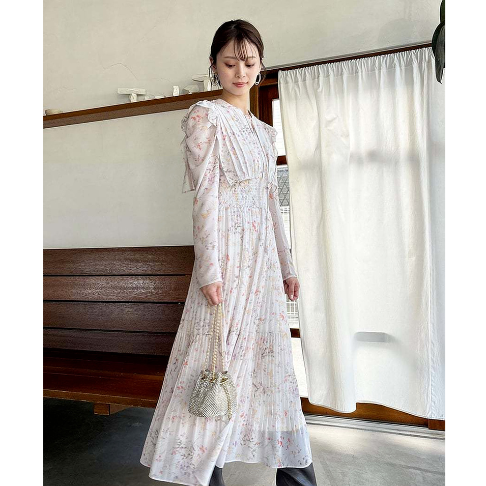 SNIDEL春夏新品甜美淑女荷叶边收腰百褶印花连衣裙SWFO244316