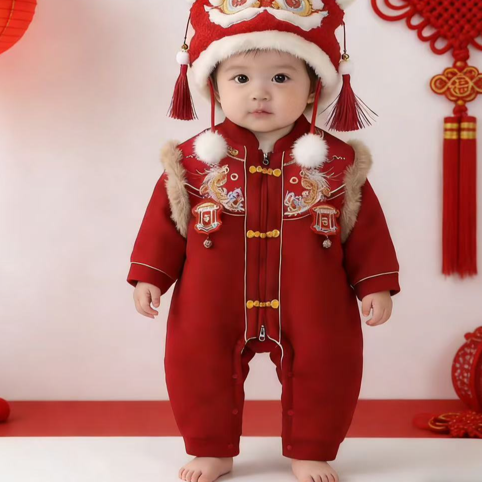 JBL婴幼儿红色过年冬装连体衣新年加厚衣服外出周岁礼服拜年服