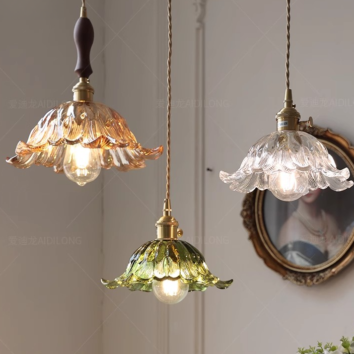 复古风法式黄铜小吊灯胡桃木餐厅吧台民宿床头绿色玻璃花朵吊灯