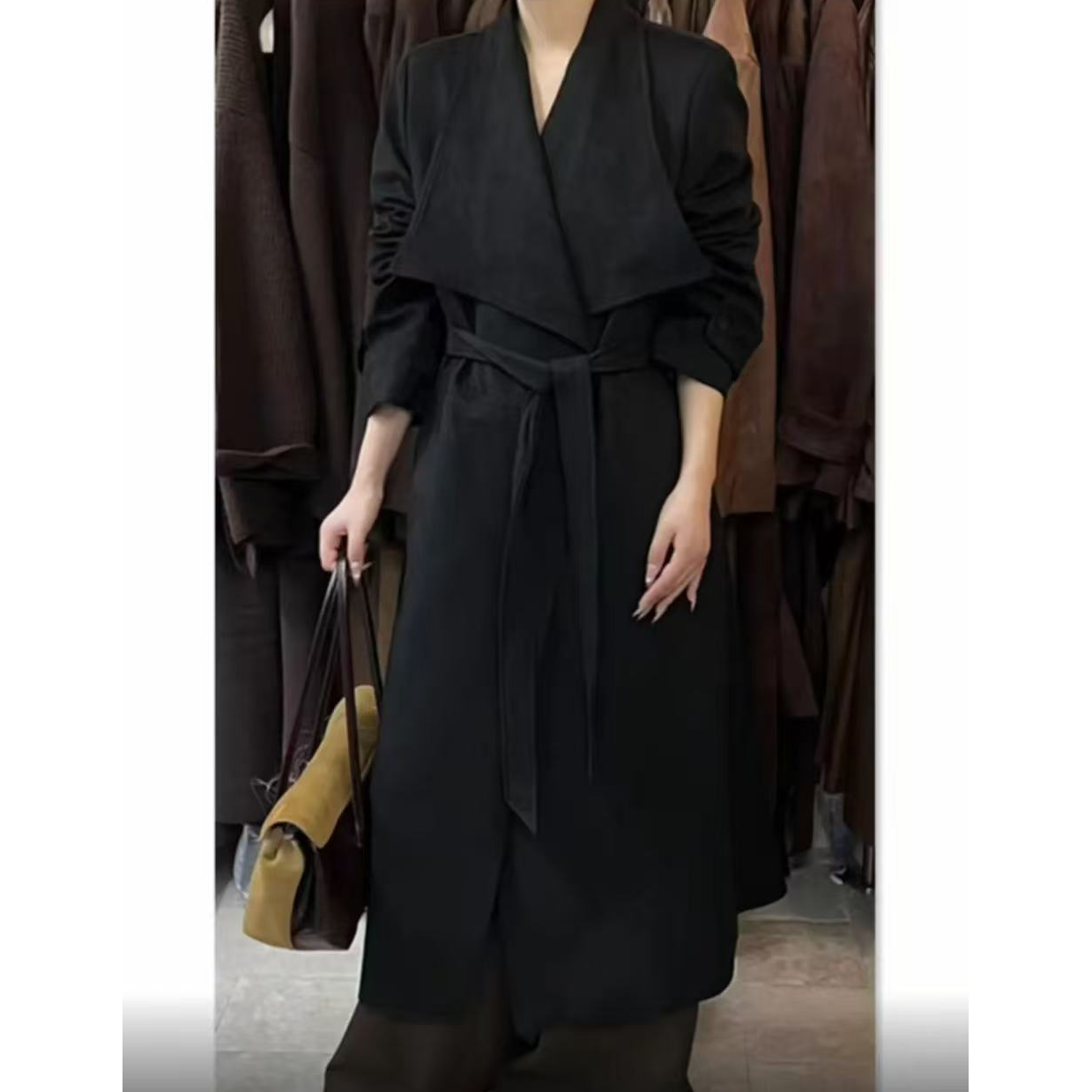 晨浠定制】新款系带大翻领鹿皮绒夹棉大衣外套8833