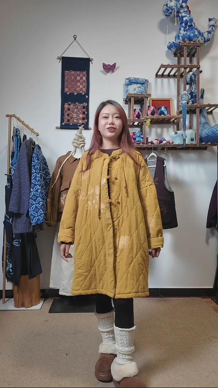 麻料植物染色植物热印棉服中长款外套