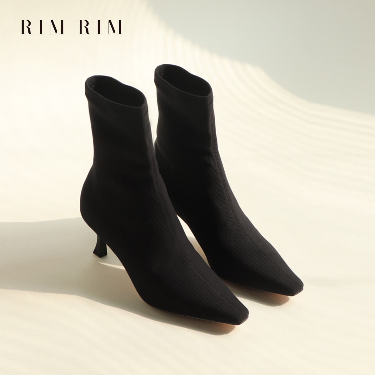 RIM RIM复古黑色经典7cm细跟针织袜靴高跟显瘦新款秋冬弹力靴气质