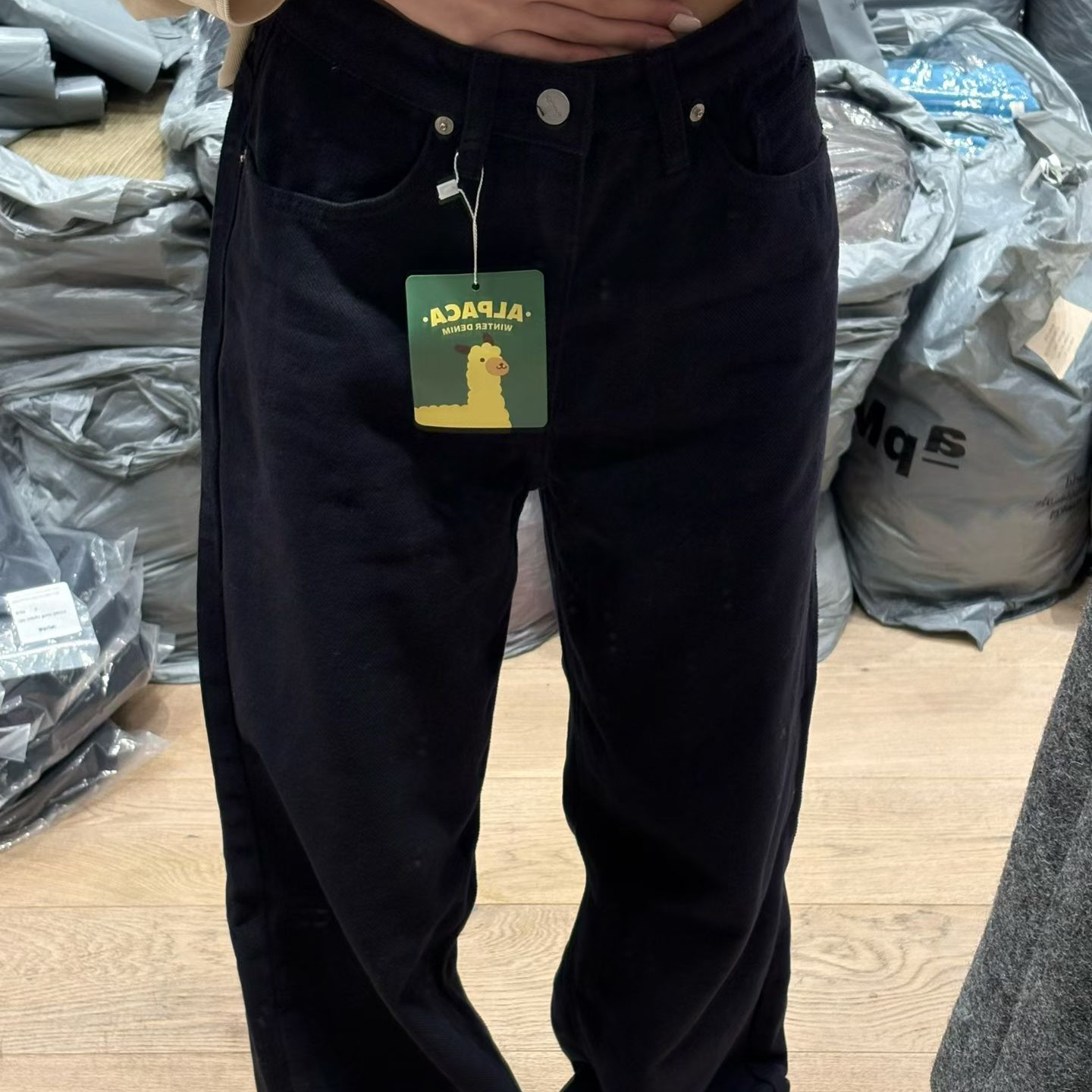 韩国藏蓝内里羊驼毛直筒牛仔裤0122