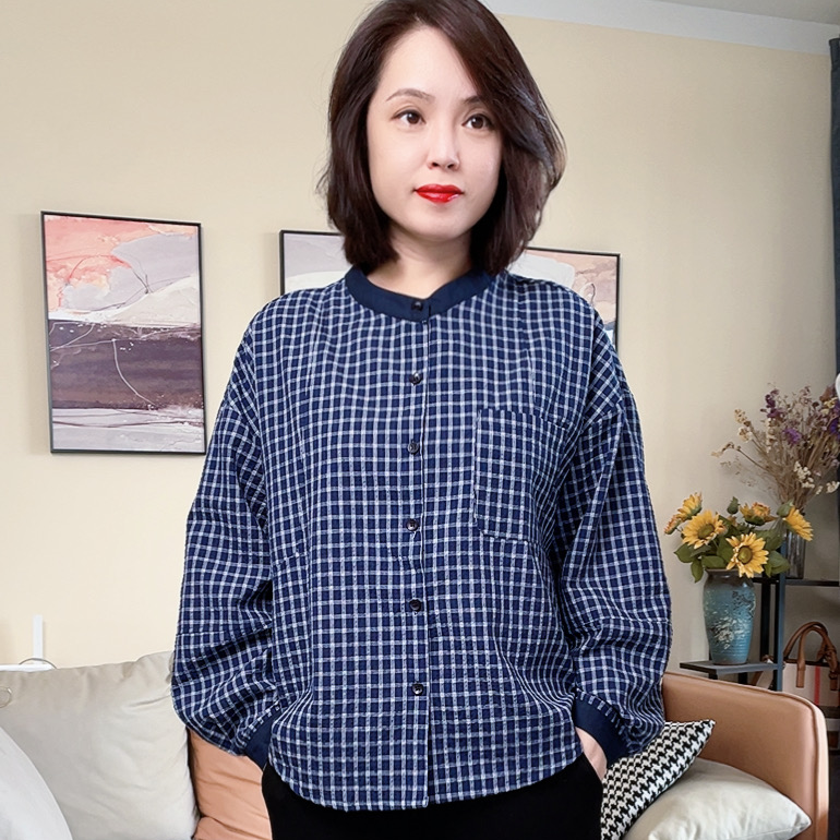 3259秋季长袖格子双层棉纱文艺女衬衫休闲春季复古百搭