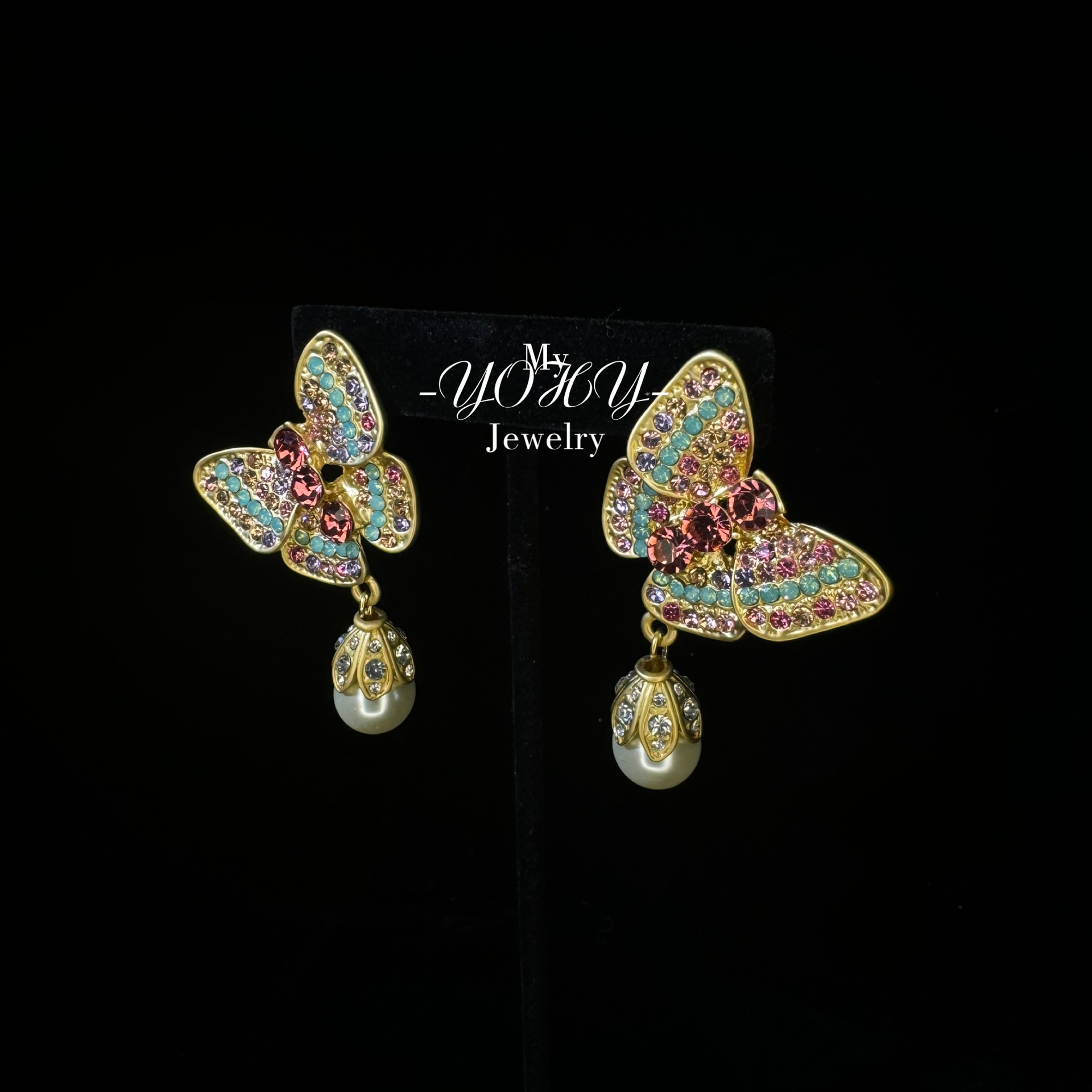 铜合金锆石耳饰 YOHY【镀金】幻彩蝶影耳钉A51