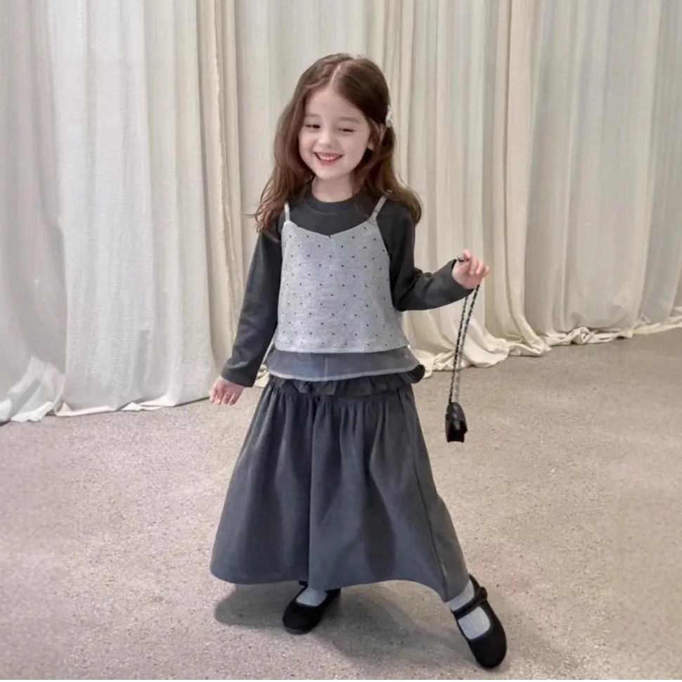 女童2025秋季新款长袖荷叶边上衣时尚波点吊带阔腿裤韩版休闲套装