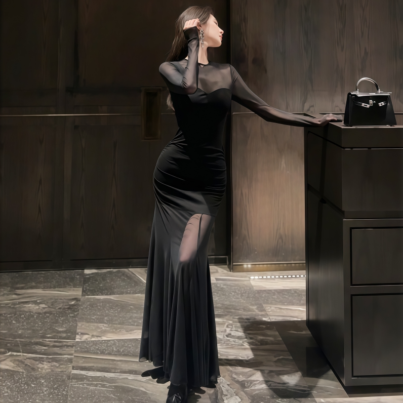 御姐网纱长袖连衣裙秋季宴会百搭老钱风优雅气质收腰显瘦包臀长裙