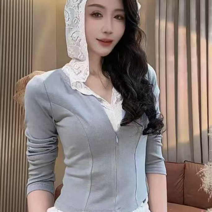L2025休闲风极简风淑女开衫卫衣短款轻职风蕾丝打底时尚假两件