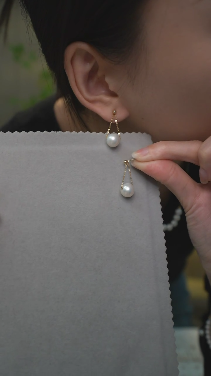 【闪购商品】淡水珍珠耳饰18K金镶嵌通体18K金     白色秋千耳线