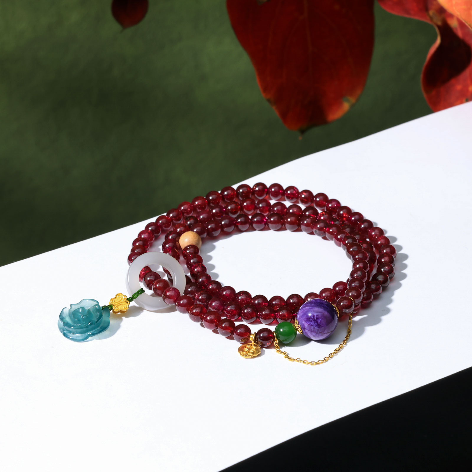 【意婵】18k金天然紫牙乌石榴石多圈手链翡翠和田玉紫龙晶-917047